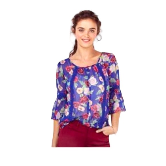 LC Lauren Conrad Womens Blue Floral Sheer Chiffon Bell Sleeve Blouse Sz S NWT - Picture 1 of 7